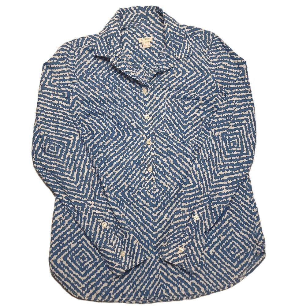 J Crew Womens S   Blouse Abstract Printed Blue White Voile Popover Shirt